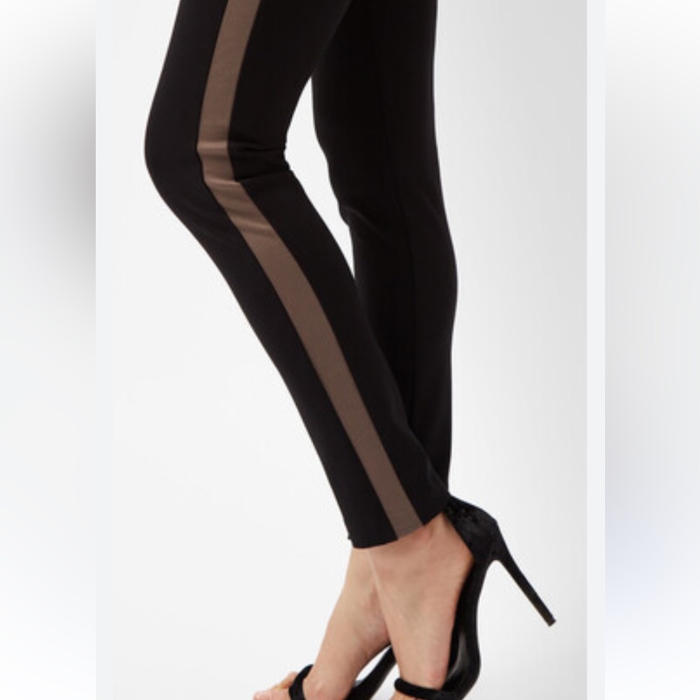 David Lerner Black Leggings w/ Taupe Leather Stripe Size Medium